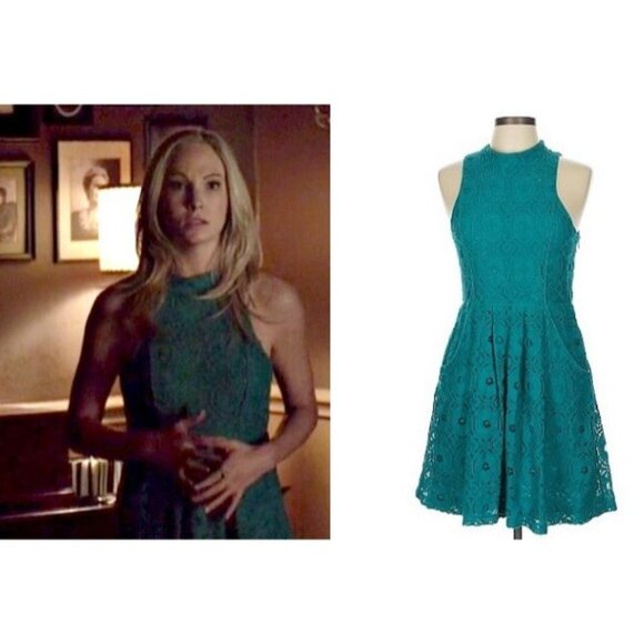 VAMPIRE DIARIES CAROLINE FORBES Teal Lace Dress RARE - Picture 1 of 6